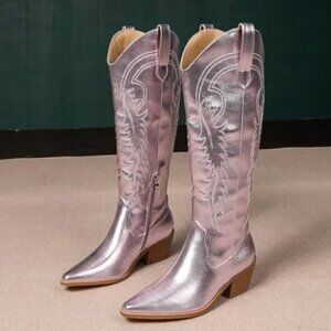 Women Western Cowboy Boots Knee High Pointed Toe Pink Cowgirl Boots With Zipper